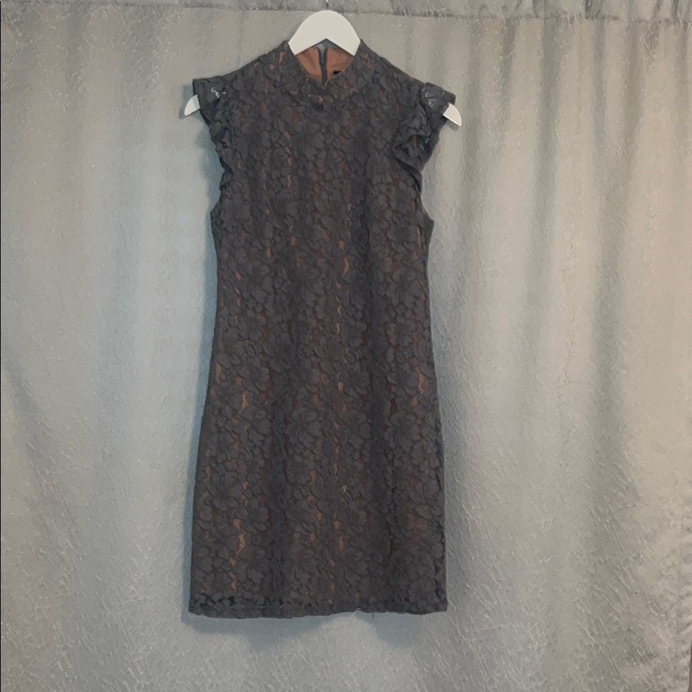 Tahari Gray Sheath Mini Dress with Mock Neck